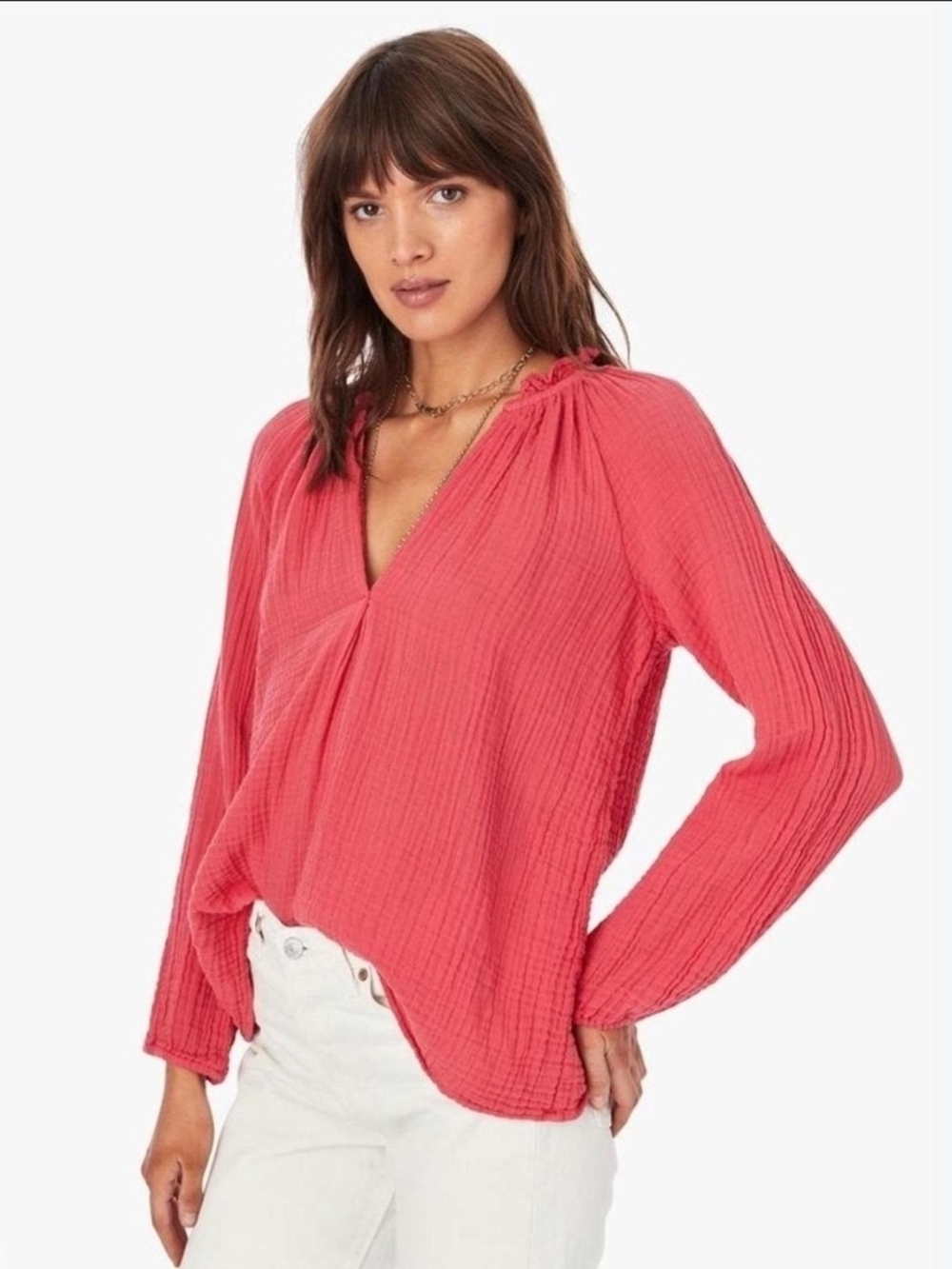 XiRENA Coral-Pink Textured V-Neck Tunic